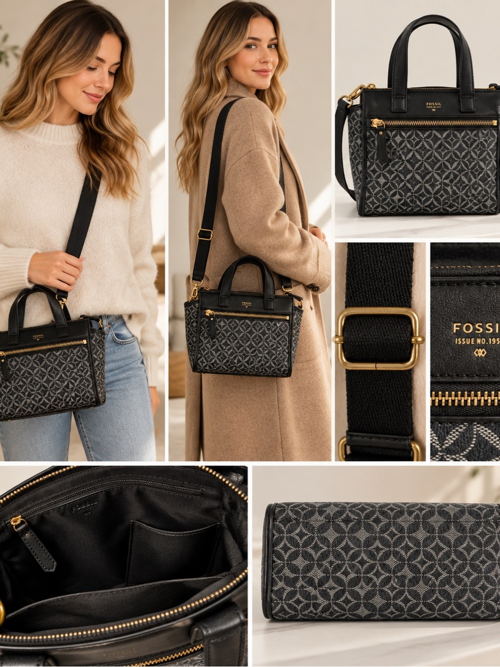 Fossil Signature Navy Canvas Genuine Leather Trim Satchel Crossbody Bag